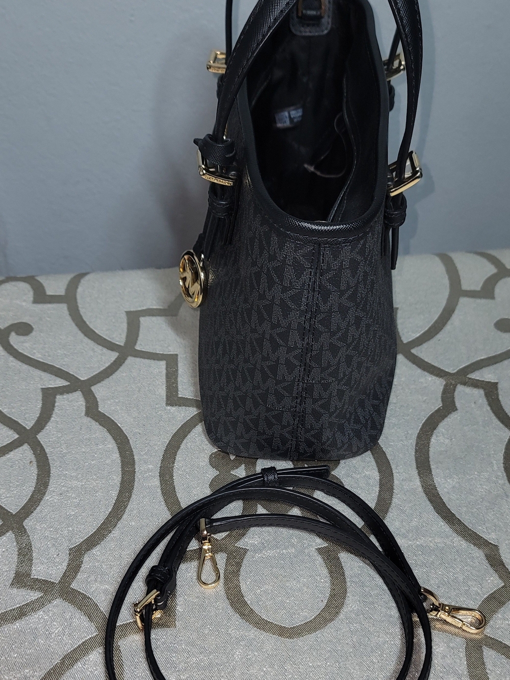 Michael Kors Black MK Logo Tote with Gold Accent Charm - Picture 6 of 7